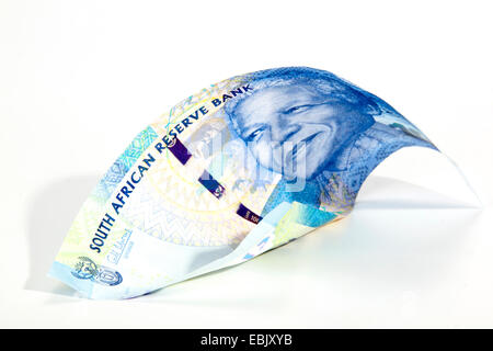 Blaue südafrikanische Rand Banknote auf weiß zeigt das Gesicht von Nelson Mandela Stockfoto