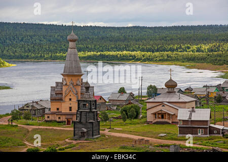 orthodoxe Holz Chirch in Varzuga, Russland, Oblast Murmansk, Kola, Varzuga Stockfoto