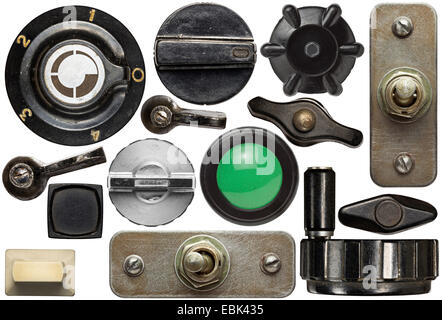 Various old device knobs, handles, buttons,switches Stockfoto