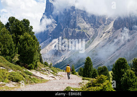 Wanderer am Weg entlang Geislergruppe, Gruppo Delle Geisler, Italien, Südtirol, Dolomiten Stockfoto