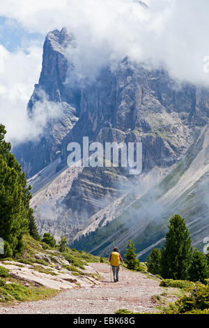 Wanderer am Weg entlang Geislergruppe, Gruppo Delle Geisler, Italien, Südtirol, Dolomiten Stockfoto