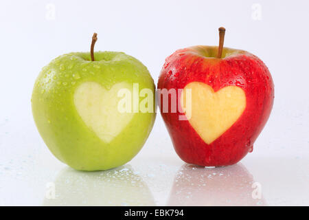 Apfel (Malus Domestica), roten und grünen Apfel mit gravierten Herz Stockfoto