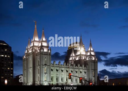 Salt Lake City, Utah - der Salt-Lake-Tempel der Kirche Jesu Christi der Heiligen der letzten Tage (Mormonen). Stockfoto