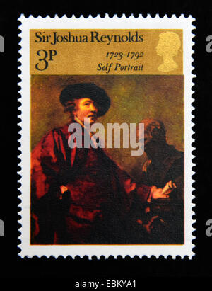 Briefmarke. Great Britain. Königin Elizabeth II. Britischer Gemälde. 1973. Sir Joshua Reynolds 1723-1792 Selbstporträt. 3p. Stockfoto