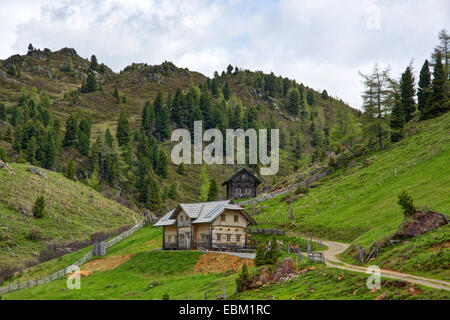 Alp mit traditionellen hölzernen Häuser, Pregatscharte, Simmerleck, Österreich, Kärnten, Nationalpark Nockberge Stockfoto