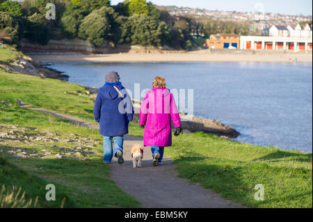 Zwei Frauen gehen einen Hund neben Whitmore Bay in Barry Island, Wales. Stockfoto