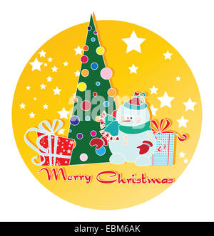 Schneemann, Weihnachtsbaum und Geschenke. Stockfoto
