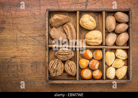 eine Vielzahl von Nüssen (Walnuss, Pekannuss, Haselnuss, Brasilianer und Mandel) in einer rustikalen Holzkiste gegen Grunge Holzoberfläche Stockfoto