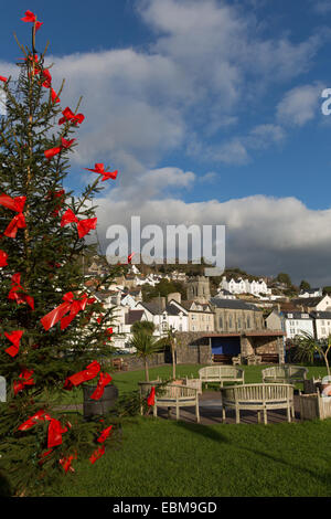 Dorf von Aberdovey, Wales. Malerische Aussicht auf einen Weihnachtsbaum auf Aberdovey Waterfront Park. Stockfoto