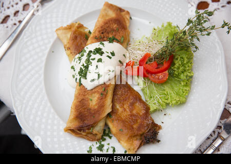 Krakau, Polen; Polnisches Essen Pfannkuchen Spinat mit Knoblauch-Sauce. Stockfoto