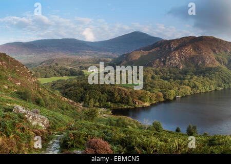 Die Morgensonne leuchtet die Hügel und Berge rund um Llyn Dinas, Snowdonia, Nordwales Stockfoto