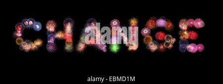 Ändern der Word-buntes Feuerwerk-Text auf schwarzem Hintergrund isoliert Stockfoto