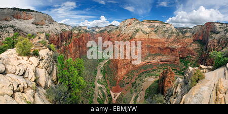 Panoramablick vom Aussichtspunkt Angel Landing in den Zion Canyon, Zion Nationalpark, Utah, Vereinigte Staaten von Amerika Stockfoto