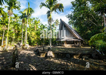 Traditionelles Haus mit Stein Geld vorne, Yap-Insel, Caroline Inseln, Mikronesien Stockfoto