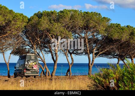 Wohnmobil zwischen Pinien am Strand, Costa Rei, Cagliari, Sardinien, Italien-Provinz Stockfoto