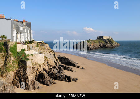 South Beach Tenby und St Catherines Insel Pembrokeshire Wales Stockfoto