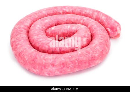 eine gerollte ungekocht Fleischwurst auf einem weißen Hintergrund Stockfoto