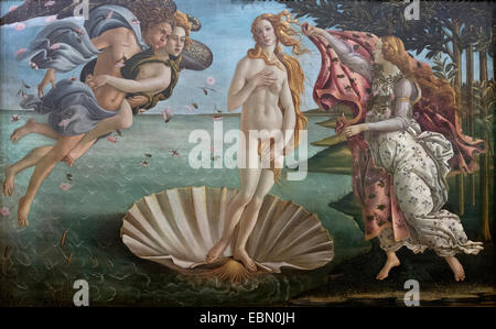 Florenz. Italien. Die Galerie der Uffizien. Geburt von Venus (c. 1484) von Sandro Botticelli. Nascita di Venere. Stockfoto