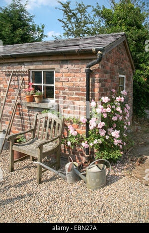 Gartenhäuschen mit Sitz und Rosen Sommer in England Stockfoto