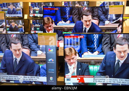 London, UK. 3. Dezember 2014. Bild zeigt Deleivering der Schatzkanzler George Osborne seine Herbst-Anweisung an das House Of Commons auf mehrere Fernseher in ein Kaufhaus central London gezeigt. Bildnachweis: Clickpics/Alamy Live-Nachrichten Stockfoto