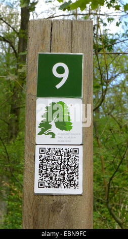 Wald-Lehrpfad, Marker post mit QR-Code, Weg Wald, Sauerland, Nordrhein-Westfalen, Deutschland Stockfoto