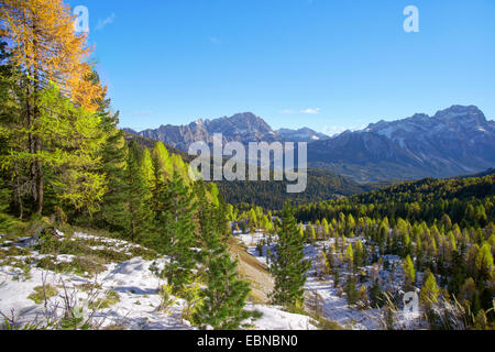 Landschaft der Dolomiten im Herbst, Blick auf die Pomagagnon-Gruppe auf die damit und auf der Sorapiss-Gruppe auf der rechten, Deutschland, Südtirol, Dolomiten Stockfoto