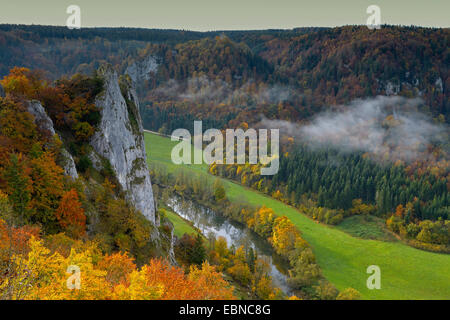 Naturschutzgebiet Stiegelesfels im oberen Donautal im Herbst, Deutschland, Baden-Württemberg, Schwäbische Alb Stockfoto