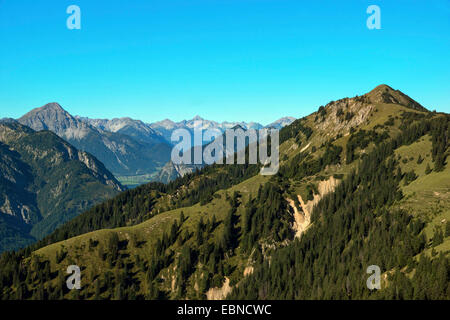 Blick vom Brand-Joch Schellschlicht auf Schellkopf (rechts), See Heiterwanger, Heiterwanger und Lechtaler Alpen im Rücken, Oberbayern, Oberbayern, Bayern, Deutschland Stockfoto