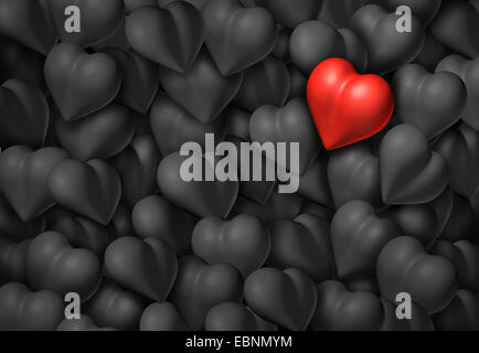 Valentinstag Hintergrund mit einer Gruppe von grauen Herzen und einem rot glänzend als Valentine Symbol für Romantik und Leidenschaft. Stockfoto