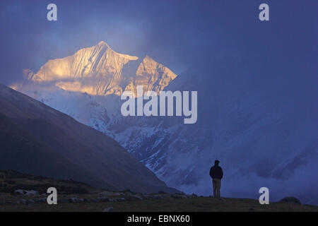 Wanderer vor Gangchempo, Abendstimmung in der Nähe von Kyanche Gompa, Nepal Langtang Himal Stockfoto