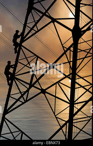 Elektriker klettert auf Strommast, Deutschland Stockfoto