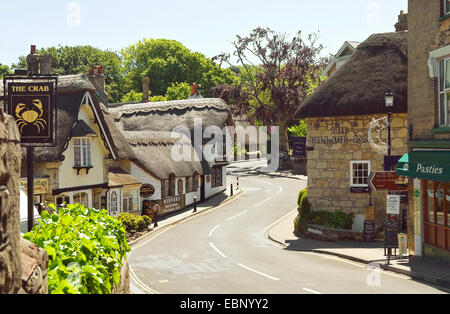 kurvenreiche Straße durch Pittoresque altes Dorf mit strohgedeckten Häuser, Shanklin, Isle Of Wight, England, Vereinigtes Königreich Stockfoto