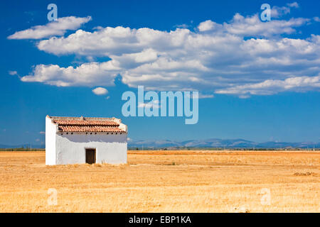 Jakobsweg, abgelegenen Haus auf einem abgeernteten Getreidefeld auf dem Weg von La Virgen del Camino nach Villar de Mazarife, Spanien, Kastilien und Leon, Leon Stockfoto