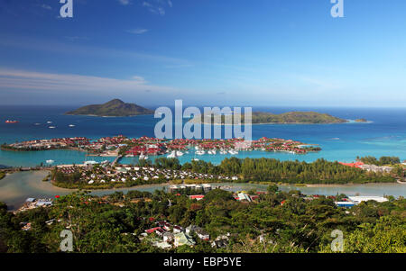 Blick auf Eden Island, Seychellen, Mahe, Victoria Stockfoto