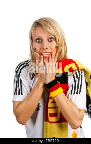 blonde Frauen Fußball-Fan mit Fanschal, Deutschland Stockfoto