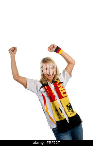 blonde Frauen Fußball-Fan jubeln, Deutschland Stockfoto