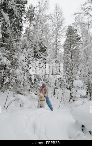 Die Frau mit einem Hund auf Spaziergang im Wald winter Stockfoto