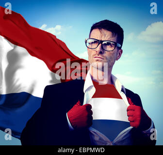 Geschäftsmann Superhero Land Niederlande Flagge Kulturbegriff Power Stockfoto