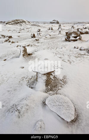 Erodierten Felsen Ei werkseitig mit Neuschnee, Bisti Wilderness, New Mexico, Vereinigte Staaten von Amerika, Nordamerika Stockfoto