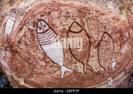 Aborigines Wandjina Höhle Kunstwerk aus Sandstein Höhlen am Floß Punkt, Kimberley, Western Australia, Australien, Pazifik Stockfoto