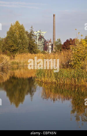 Teich im Park, Henrichshuette Eisenhütte im Hintergrund, Hattingen, Ruhrgebiet, Nordrhein-Westfalen, Deutschland Stockfoto