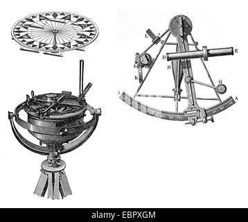 schwarze und weiße Gravur von Kompass und sextant Stockfoto