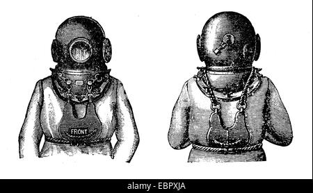 Gravur des Tauchanzuges mit Fenstermodus Helm Stockfoto