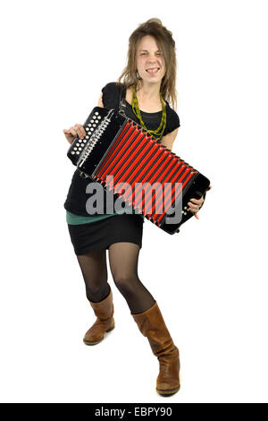 Junge lächelnde Frau mit Akkordeon vor einem weißen Hintergrund Stockfoto