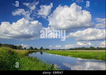 Wolken über Fluss Hunte im Sommer, Goldenstedt Hochmoor, Deutschland, Niedersachsen, Oldenburger Münsterland Stockfoto