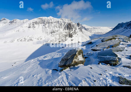 Snowy Nallo von Stuor Reaiddßvßggi, Schweden, Lappland, Norrbotten, Kebnekaisefjell Stockfoto