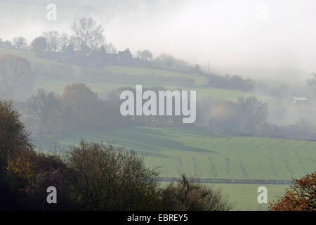 Nebel unten Downham Hill gesehen von Coaley Peak, in der Nähe von Dursley, Gloucestershire Stockfoto