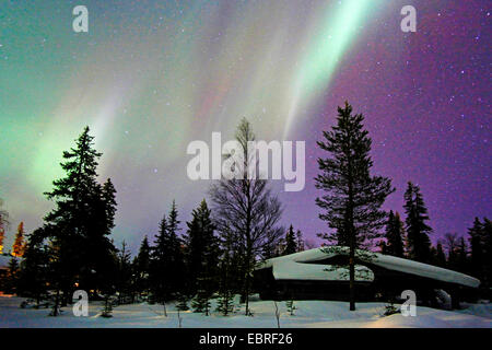 Nordlicht über Schnee bedeckt Blockhaus, Finnland, Lappland Stockfoto