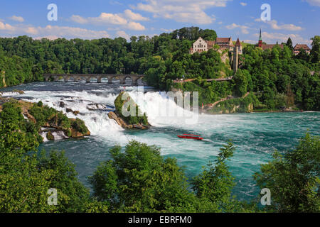 Rheinfall bei Schaffhausen mit Schloss Laufen und ein Ausflugsschiff, Schweiz, Schaffhausen Stockfoto