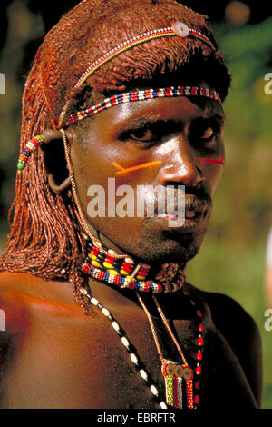 Samburu Krieger mit Ocker gefärbten Haaren, Kenia, Masai Mara Stockfoto